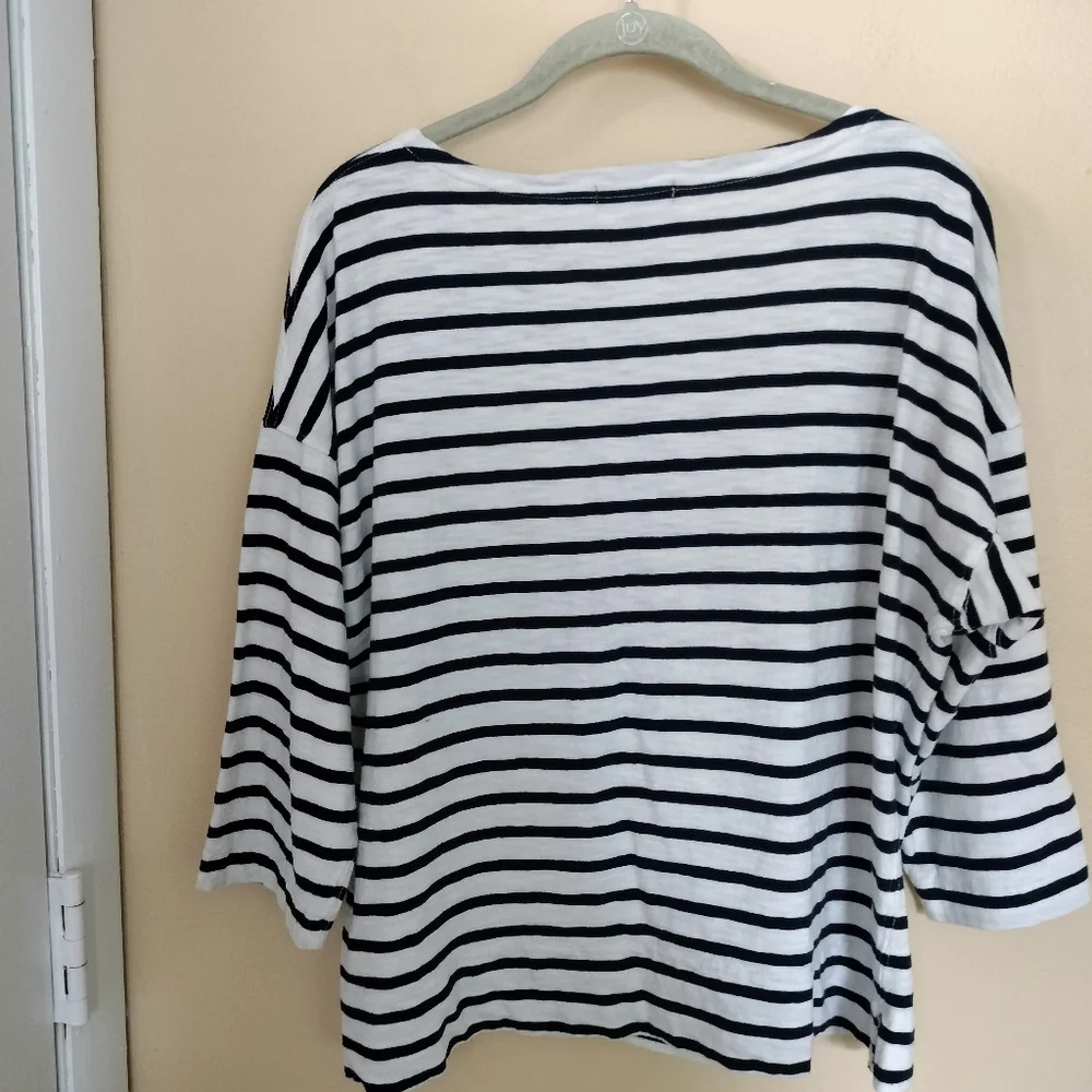 J Crew women long sleeve Cotton Blue white striped floral Top shirt L Nautical